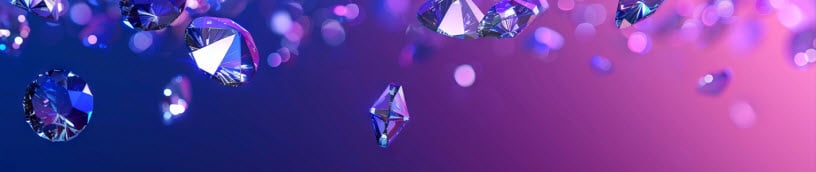 Shiny Diamonds on black-purple surface background. Concept 3D CG of luxury living, expensive things and high added valu