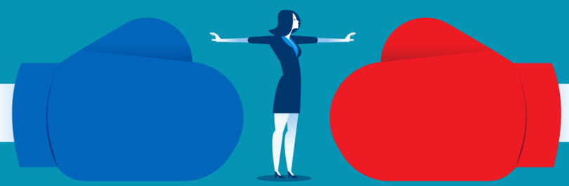 illustration of female lawyer standing between two boxing gloves
